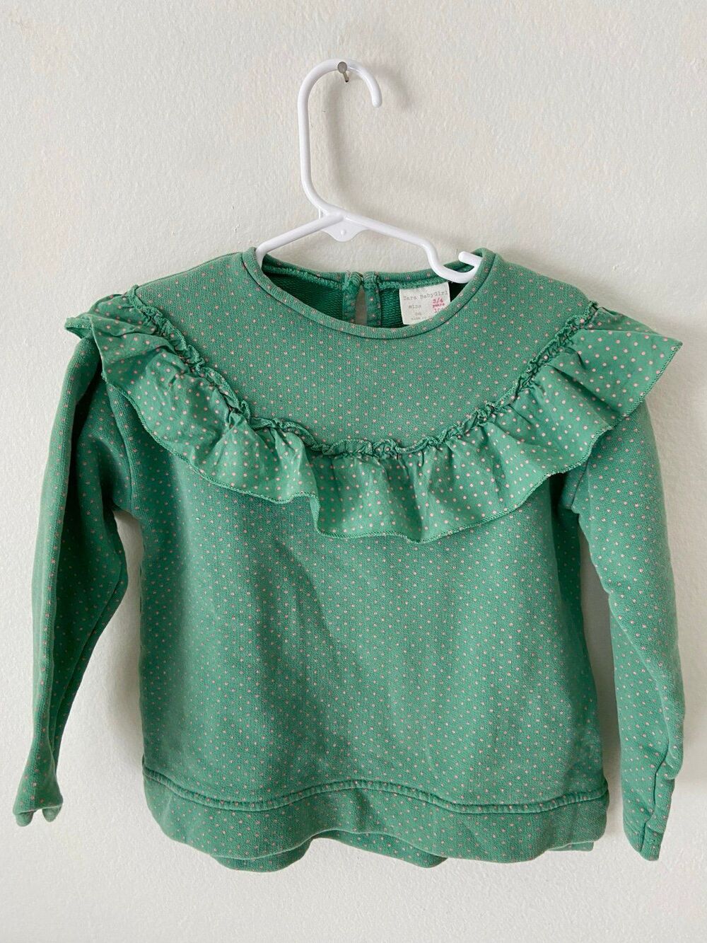 Zara Baby Girl Green Sweatshir with Pink Polka Dots Size 3-4Y